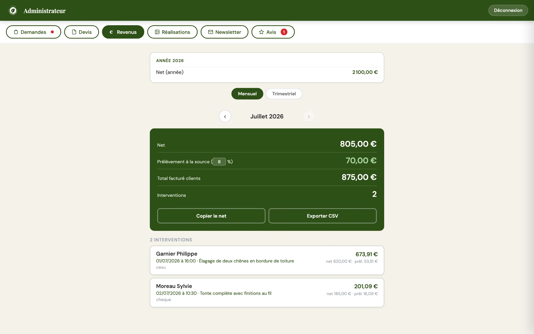 Onglet Revenus avec calcul du net, du prélèvement et du total facturé