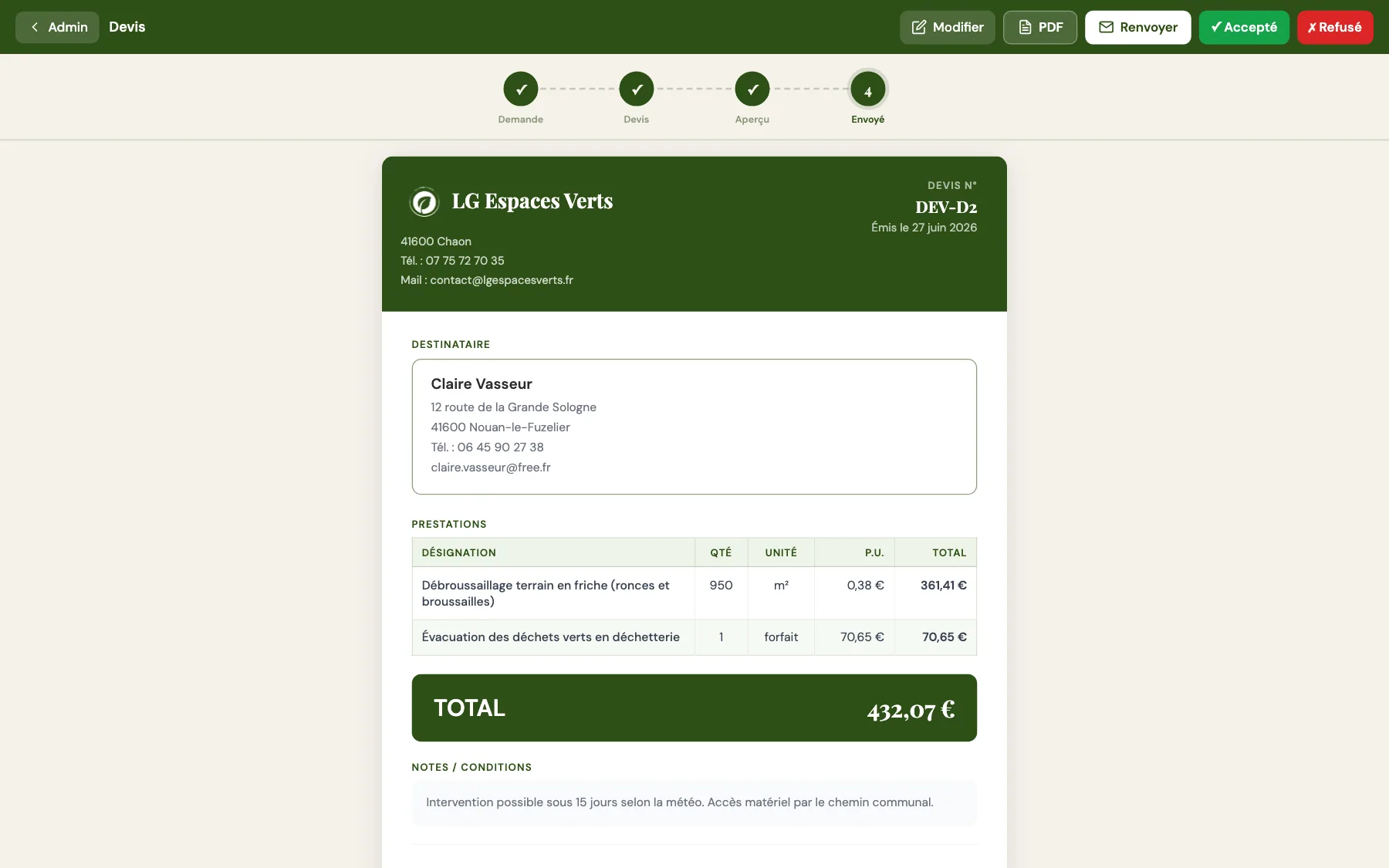 Le devis mis en page tel que le client le reçoit, avec téléchargement PDF