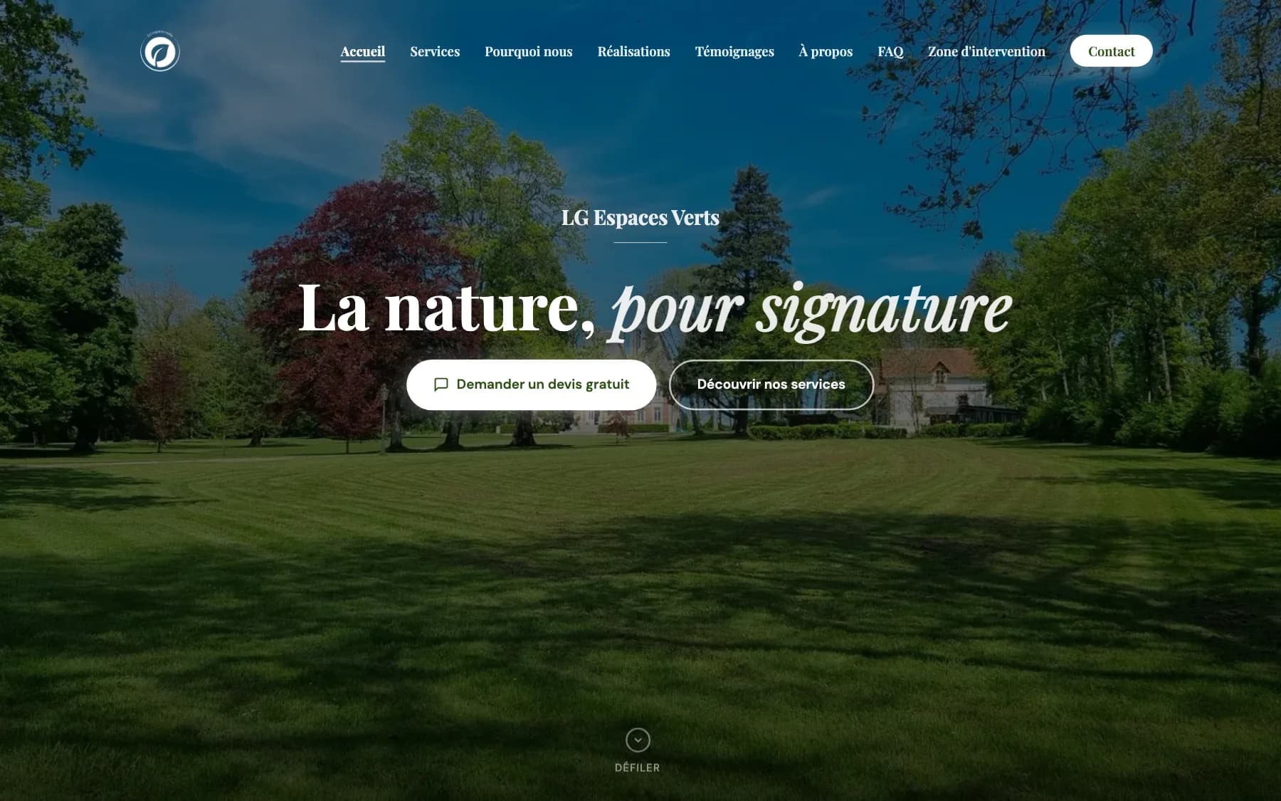 Page d'accueil du site LG Espaces Verts, artisan paysagiste en Sologne — site réalisé par Obrentis