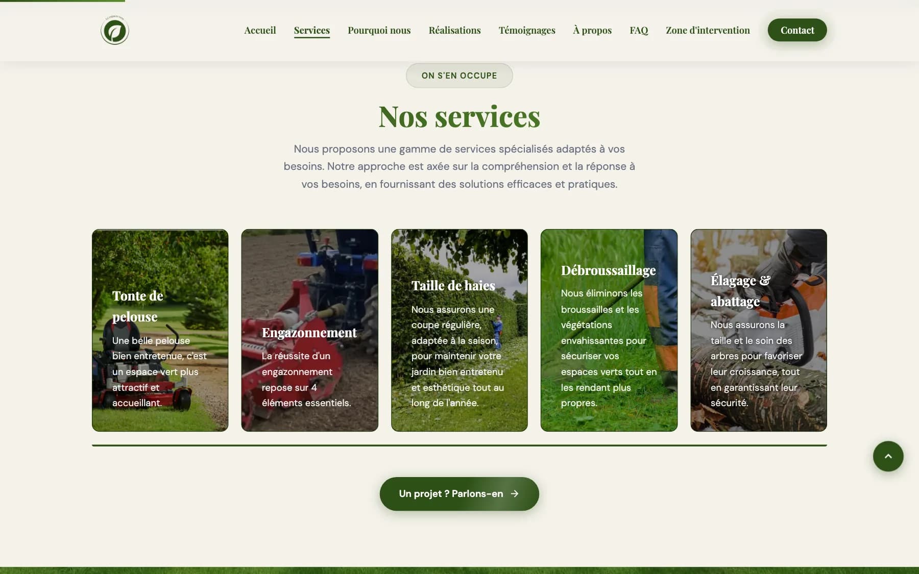Les cinq services, présentés avec les vraies photos de chantiers.