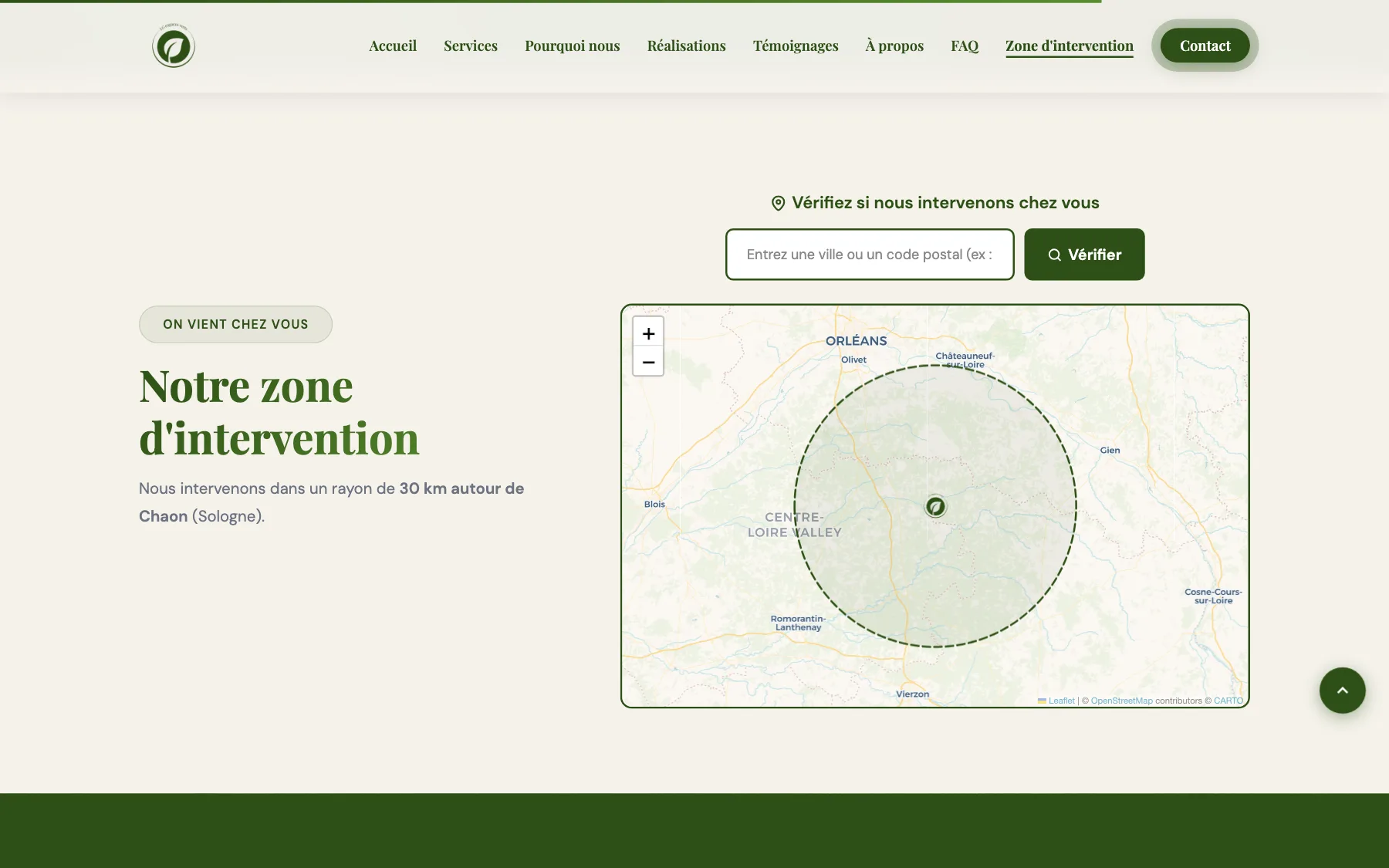 Vérificateur interactif de zone d'intervention avec carte, sur le site LG Espaces Verts