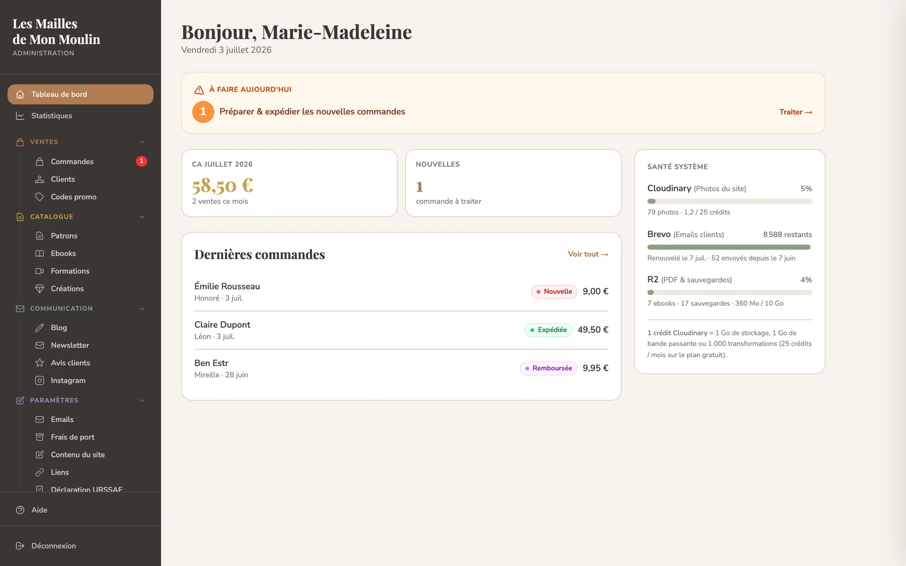 Tableau de bord de l'administration