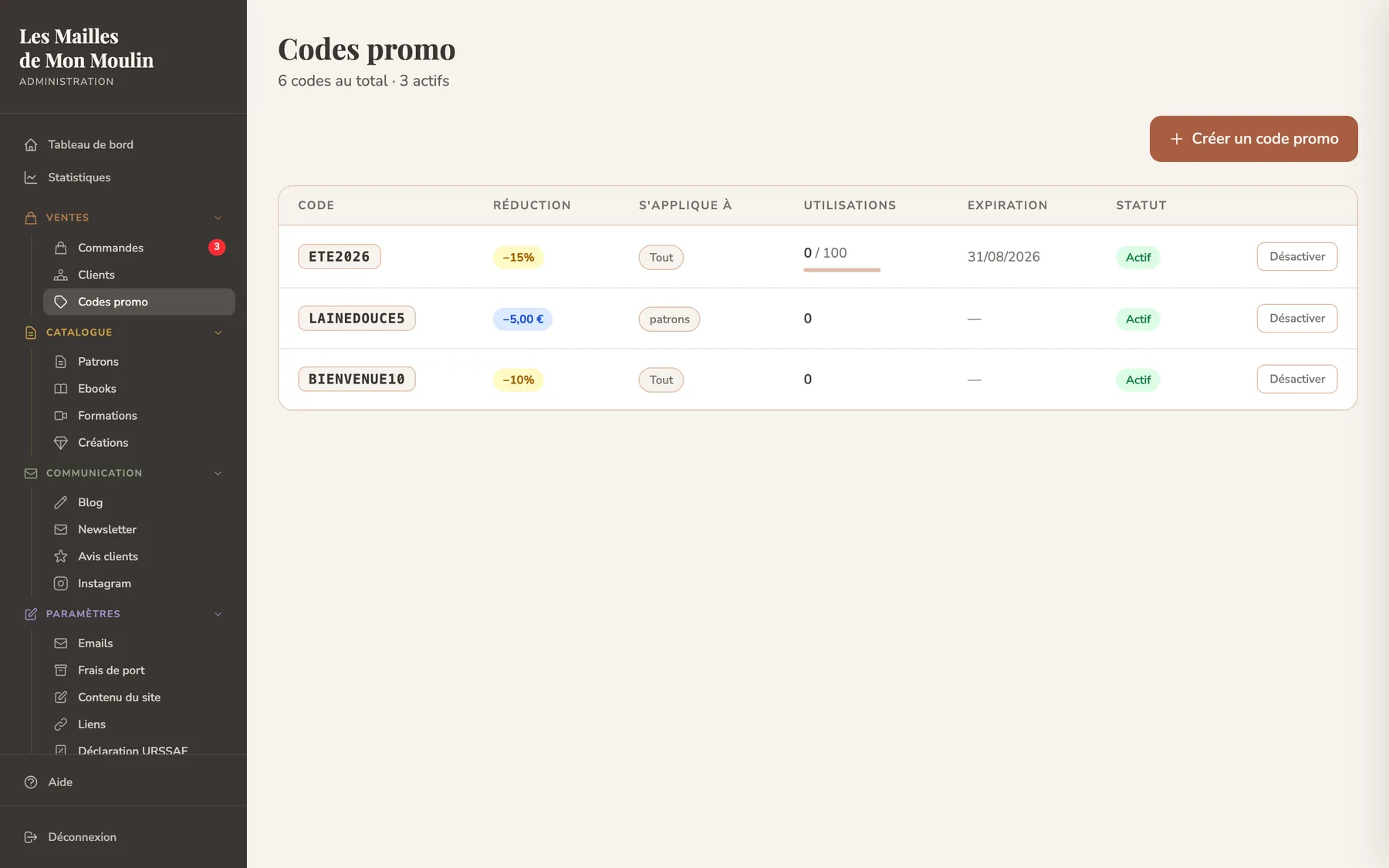 Gestion des codes promo