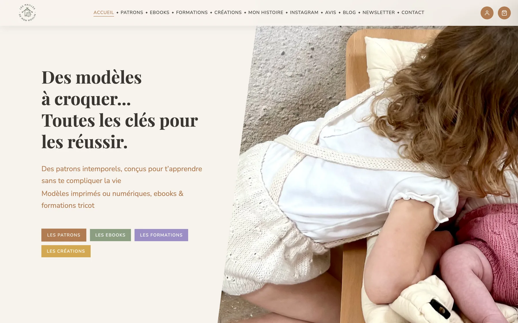 Page d'accueil de la boutique Les Mailles de Mon Moulin — site e-commerce sur-mesure réalisé par Obrentis