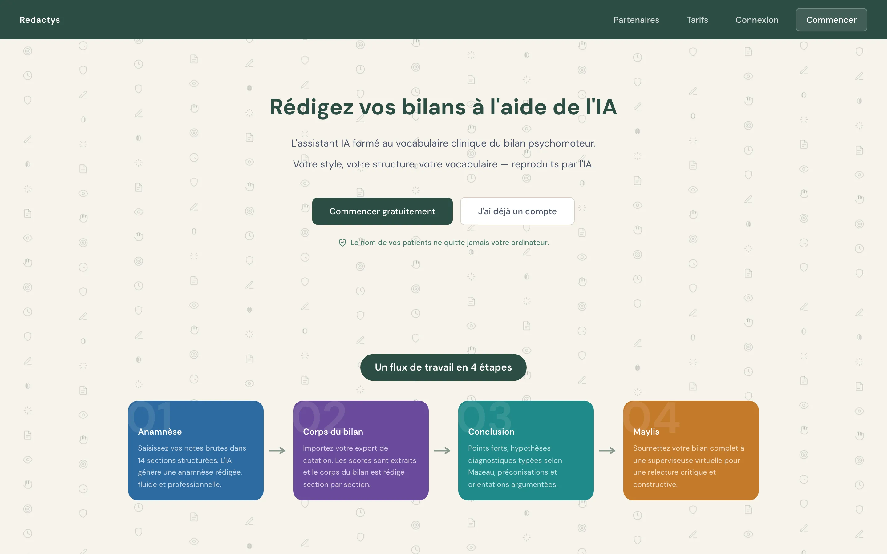 Page d'accueil de Redactys, assistant IA de rédaction de bilans psychomoteurs — produit conçu par Obrentis