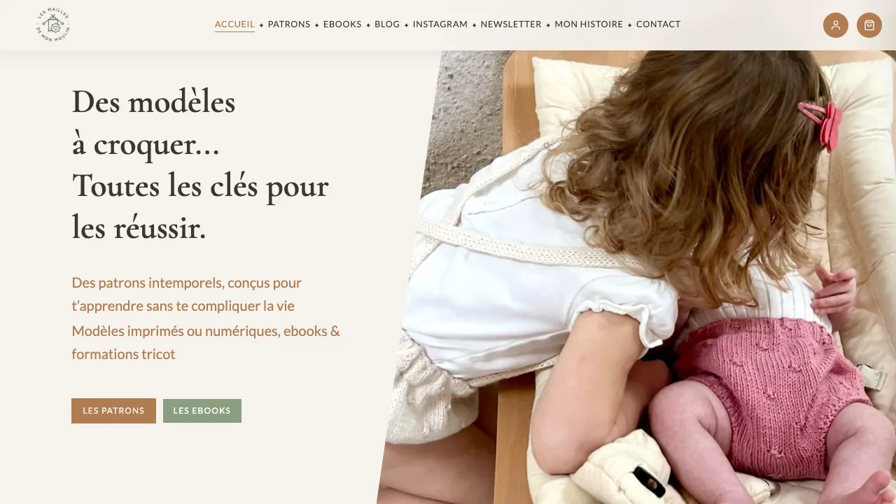 Homepage of the Les Mailles de Mon Moulin shop, bespoke e-commerce site built by Obrentis