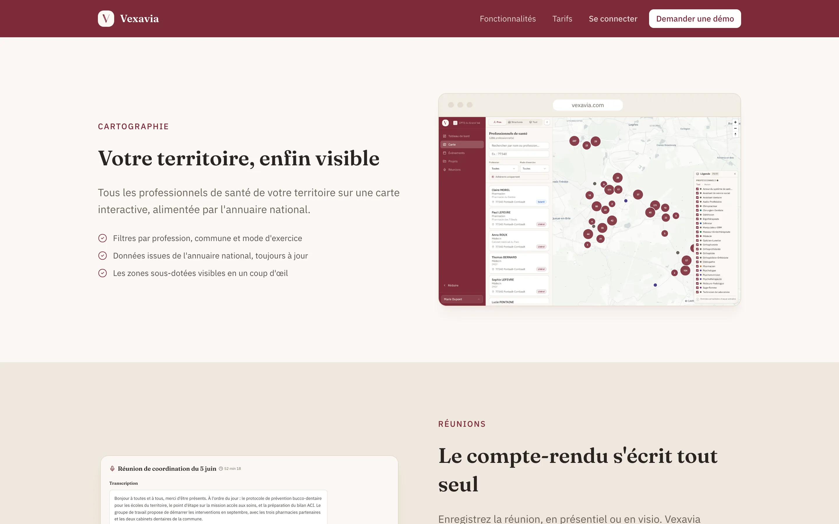 Page d'accueil de Vexavia, l'outil de gestion des CPTS — produit conçu par Obrentis