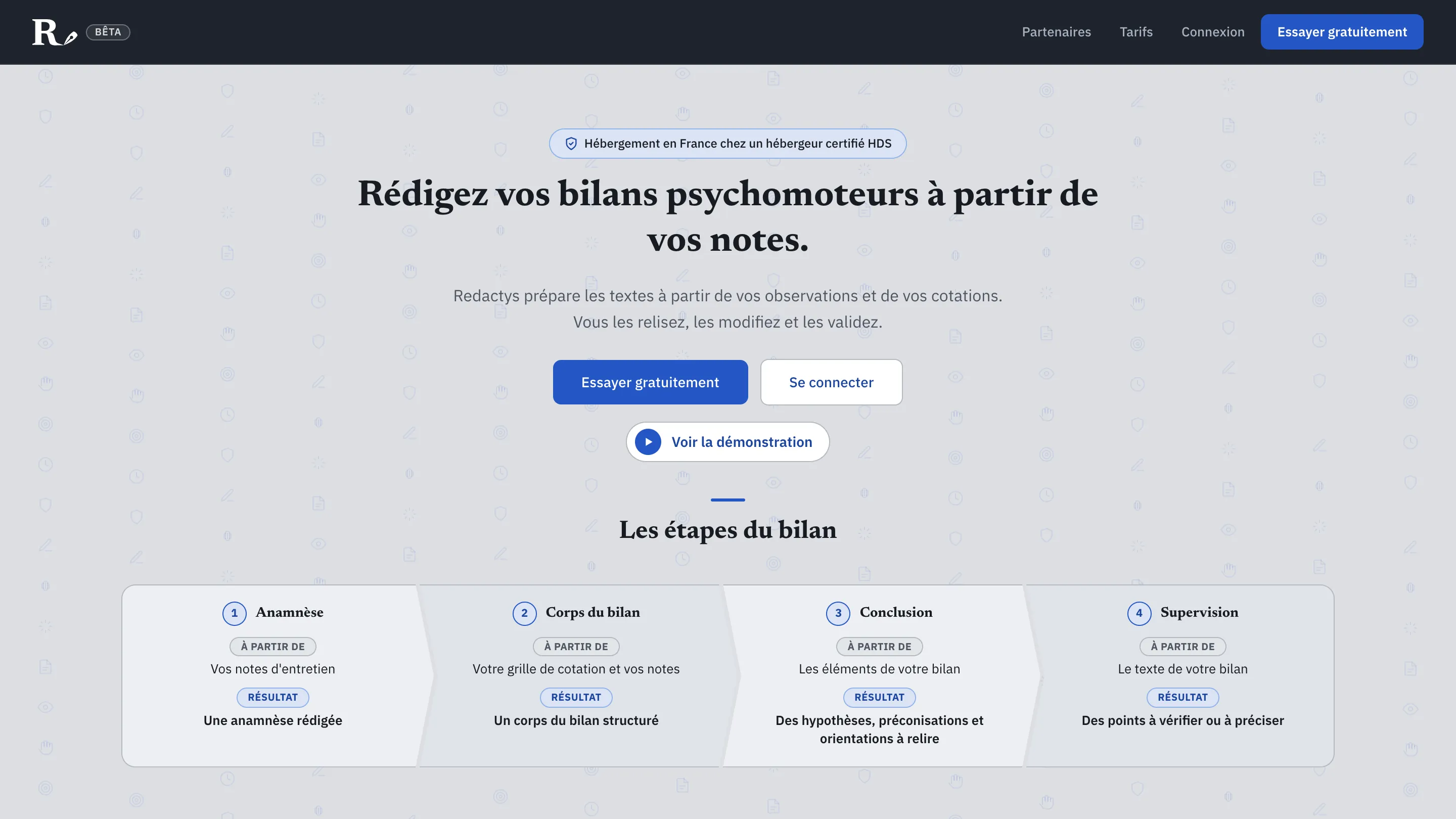 Homepage of Redactys, an AI writing assistant for psychomotor assessment reports, product built by Obrentis