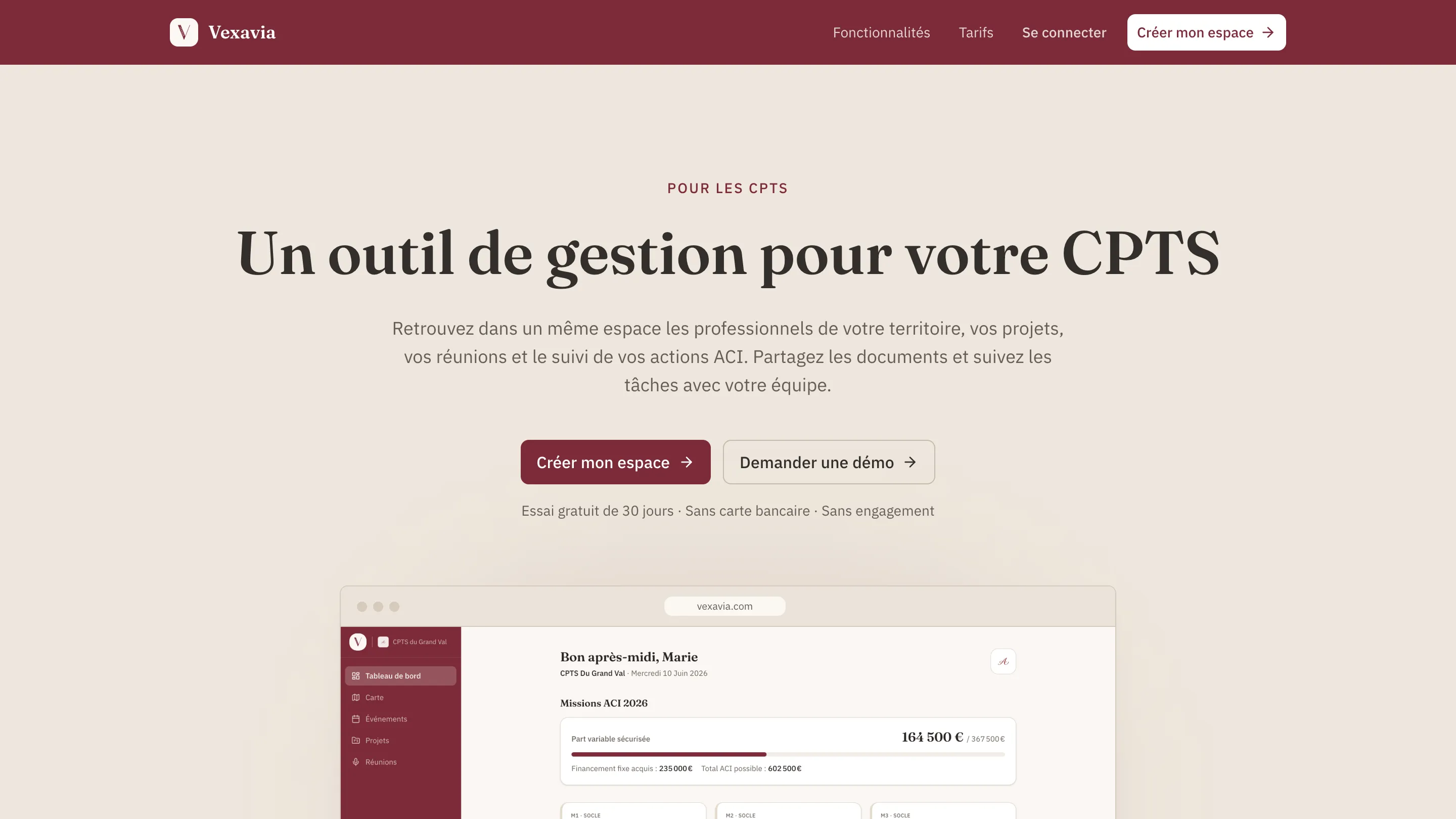 Homepage of Vexavia, the management tool for French healthcare coordination networks, with a preview of the ACI missions dashboard, product built by Obrentis